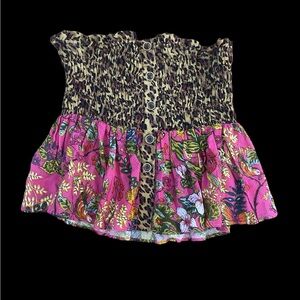Anthropologie leopard & floral strapless peplum silky rouched blouse shirt S